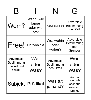Satzglied Bingo Card