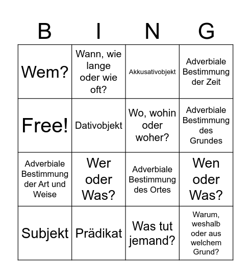 Satzglied Bingo Card