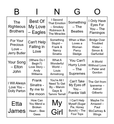 Valentine's Music Bingo Card