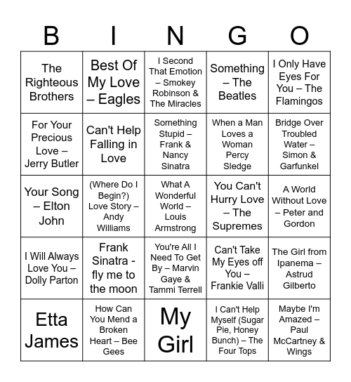 Valentine's Music Bingo Card