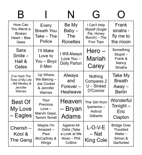 Valentine's Day Music Bingo Card