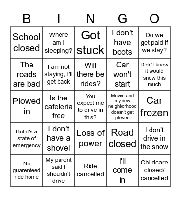 Snow Bingo Card