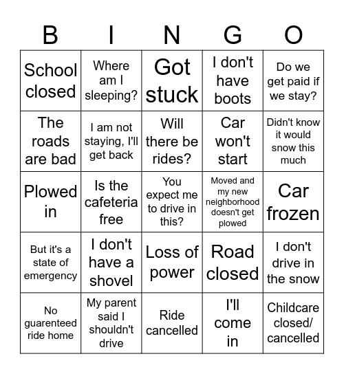 Snow Bingo Card