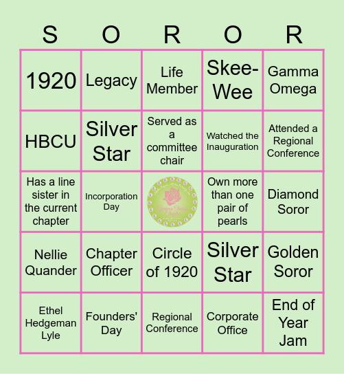 Gamma Omega Sisterly Bingo Card
