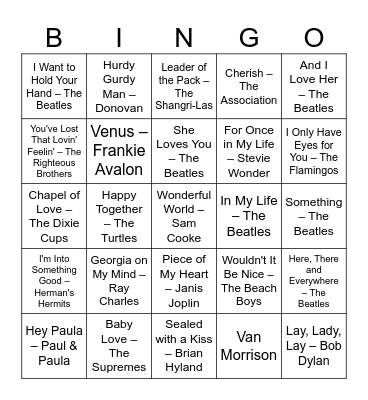 Valentine's Day Music Bingo 1960s Bingo Card
