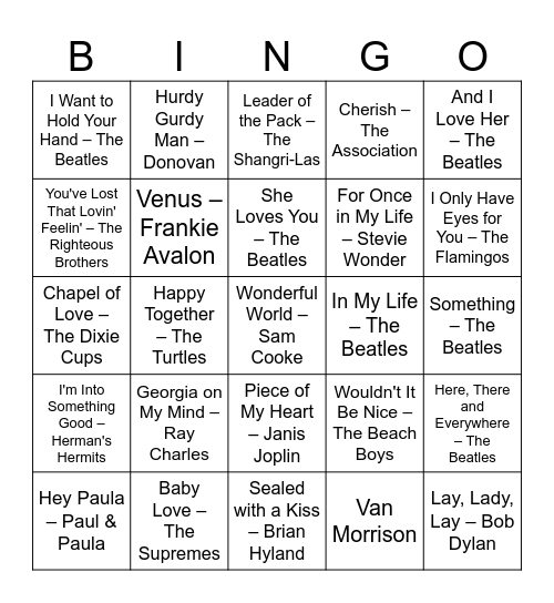 Valentine's Day Music Bingo 1960s Bingo Card