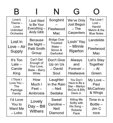 Valentine's Day Music Bingo 1970s Bingo Card