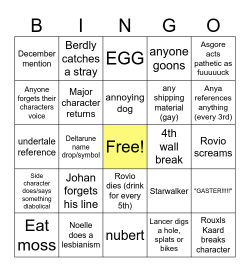 Deltarune bingo (drink) Bingo Card