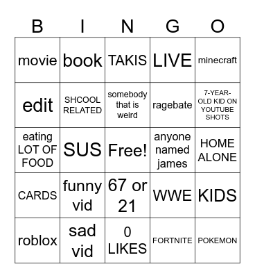 youtube Bingo Card