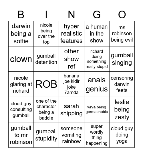 gumball Bingo Card