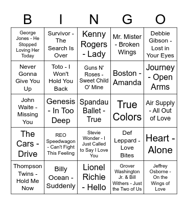 Valentine's Day Music Bingo 1980s Bingo Card