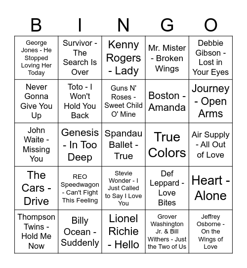Valentine's Day Music Bingo 1980s Bingo Card