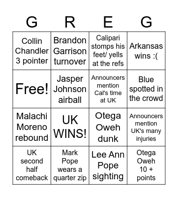 UK Basketball Game Day Bingo Card
