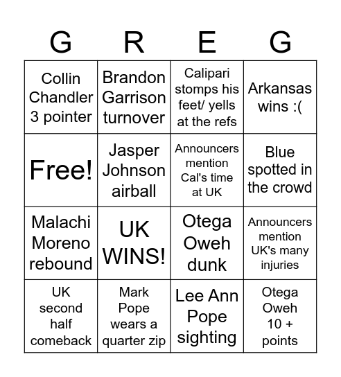 UK Basketball Game Day Bingo Card