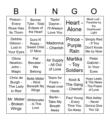 Valentine's Day Music Bingo 1980s Bingo Card