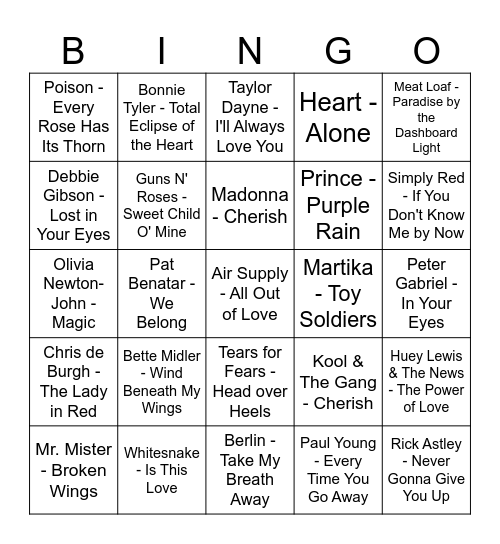 Valentine's Day Music Bingo 1980s Bingo Card