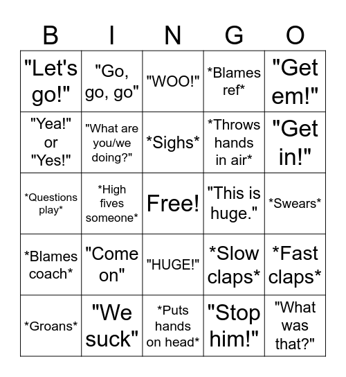 Adams' Football Bingo Card