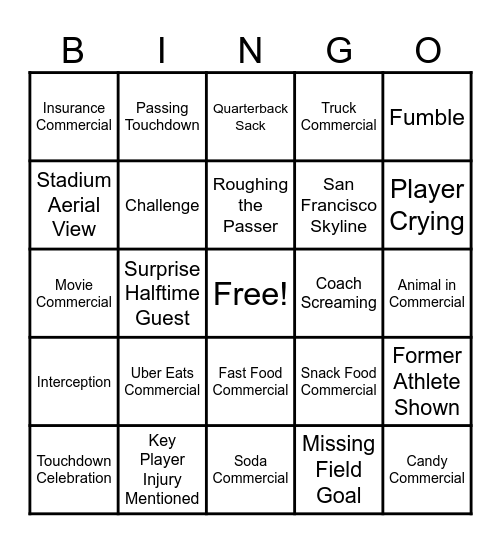 Super Bowl 2026 Bingo Card