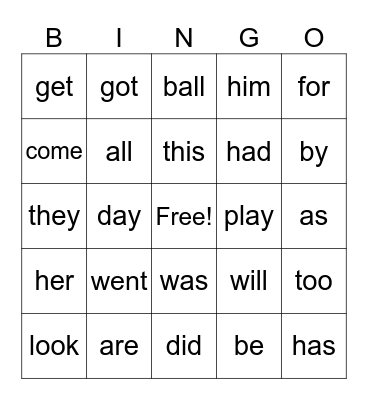 Unit 2 Sight Words Bingo Card