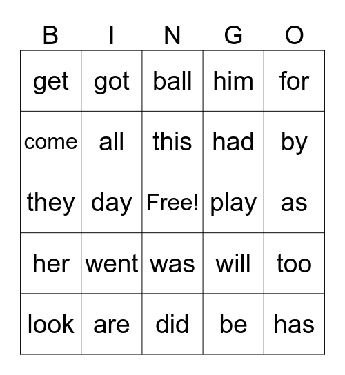 Unit 2 Sight Words Bingo Card