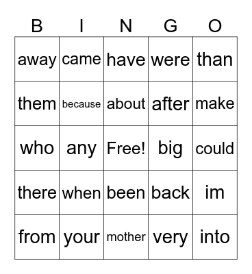 Unit 4 Sight Words Bingo Card