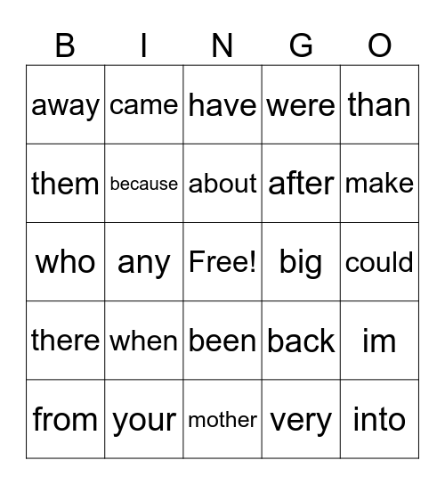 Unit 4 Sight Words Bingo Card