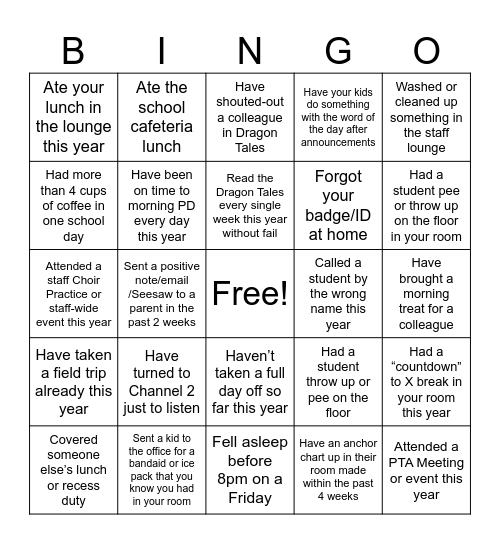 Teacher Work Day Bingo Card