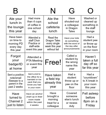 Teacher Work Day Bingo Card
