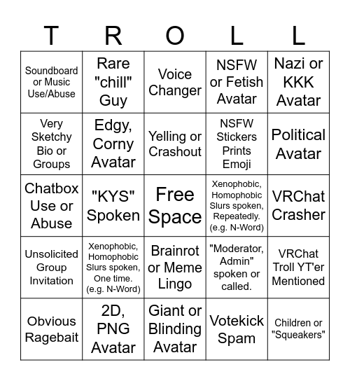 VRChat Public Instance Bingo Card