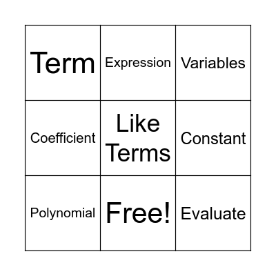 Algebraic Expression Bingo Card