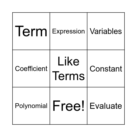 Algebraic Expression Bingo Card