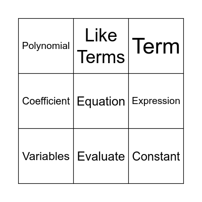 Algebraic Expression Bingo Card