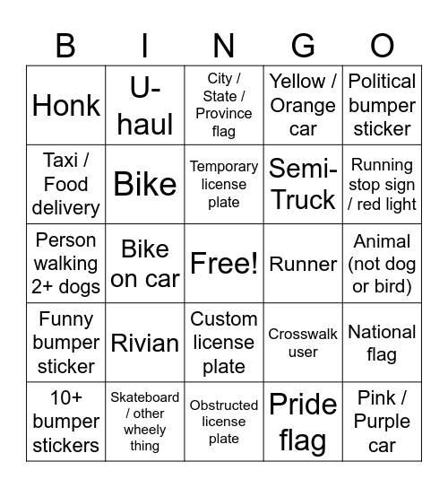 Driving Bingo Card