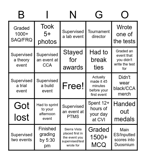 Carmel Valley Invitational Volunteer BINGO Card