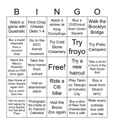 NYC Bucketlist Bingo Card
