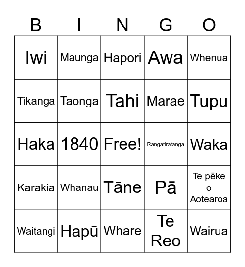 Waitangi Bingo Card