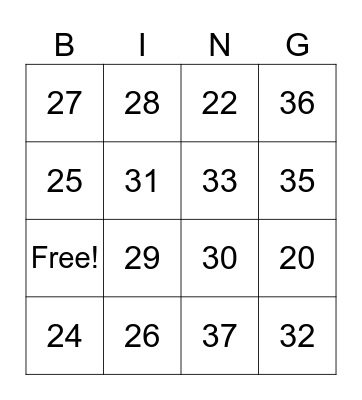 numeros del 20-38 Bingo Card