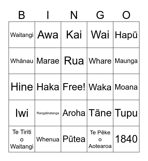 Waitangi Bingo Card