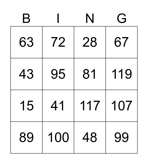 numeros Bingo Card