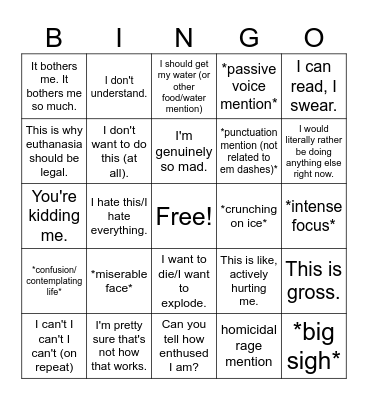 Kats' Suffering Bingo Card