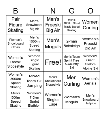Winter Oympic Bingo Card