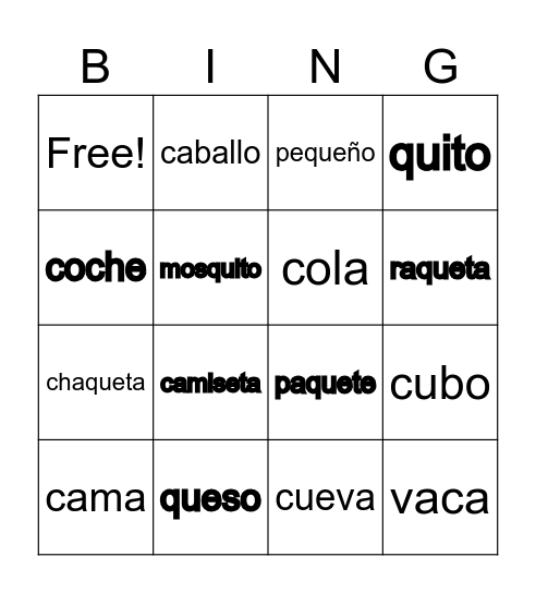 palabras Bingo Card