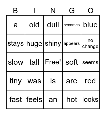 Adjectives, Linking Verbs, and Articles Bingo Card