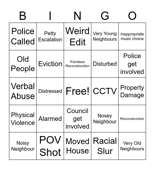 Nightmare Neighbours Bingo Card