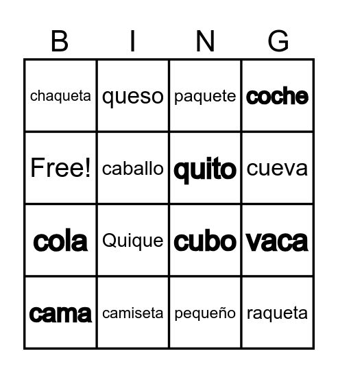 ca  co  cu  que   qui Bingo Card