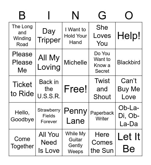 Beatles Bingo Card