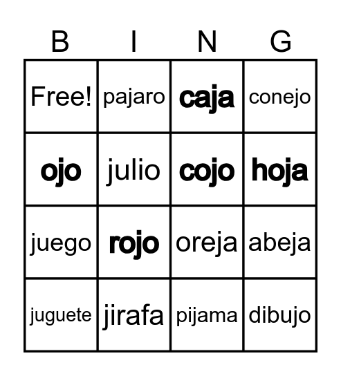 ja  je  ji  jo  ju Bingo Card