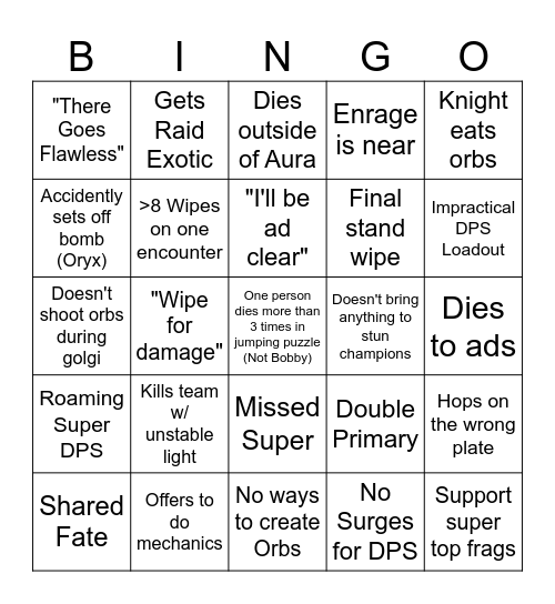 King's Fall Bingo Card