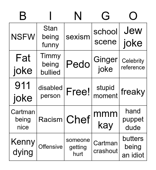 South Park Bingo Card