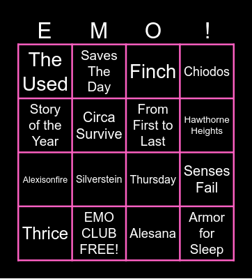 Elder Emo/Post Hardcore Bingo Card